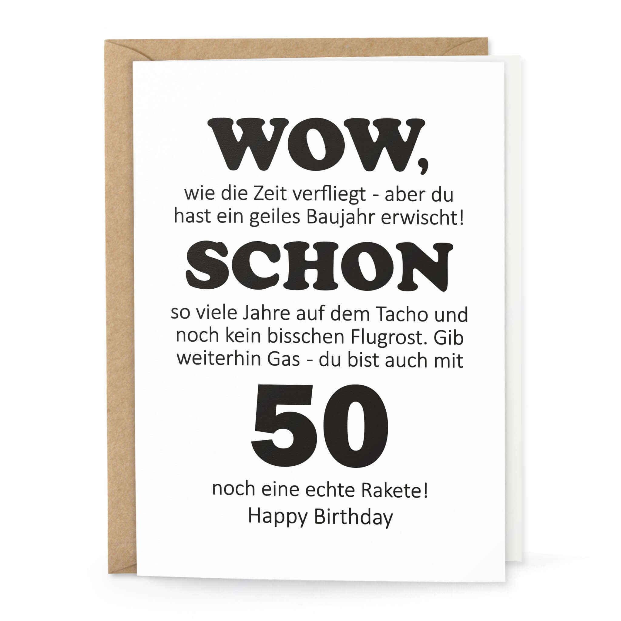 Lustige Klappkarte zum 50. Geburtstag – witziger Baujahr-Spruch mit Kraftpapier-Umschlag – KuschelICH