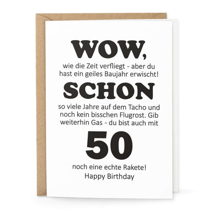 Lustige Klappkarte zum 50. Geburtstag – witziger Baujahr-Spruch mit Kraftpapier-Umschlag – KuschelICH