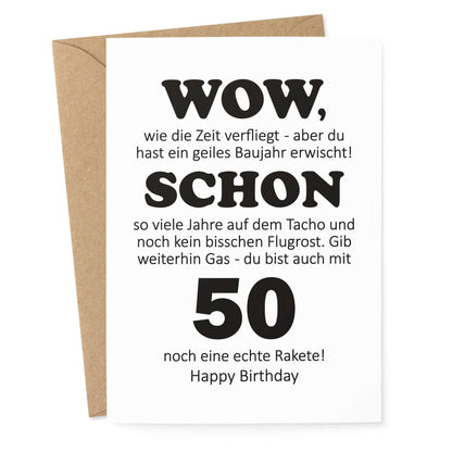 Lustige Postkarte zum 50. Geburtstag – witziger Baujahr-Spruch mit Kraftpapier-Umschlag – KuschelICH