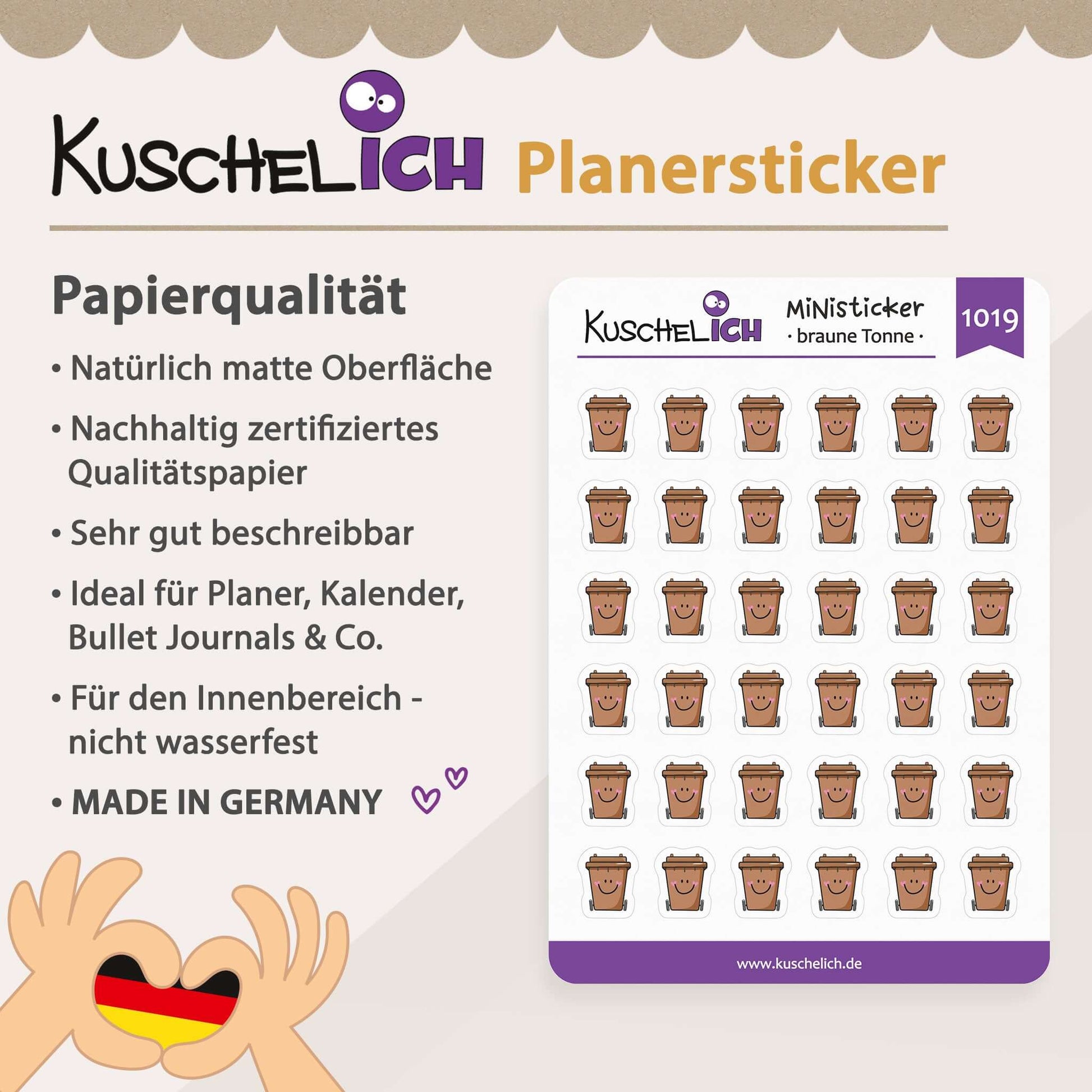 Papierqualität und Infos zu den braunen Tonne Stickern