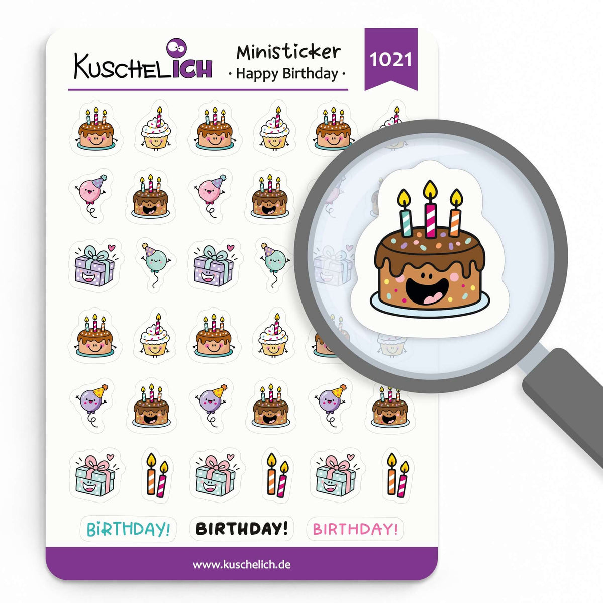 Ministicker Happy Birthday im A6-Format mit 39 Geburtstags-Aufklebern, Lupe auf lachender Schoko-Torte