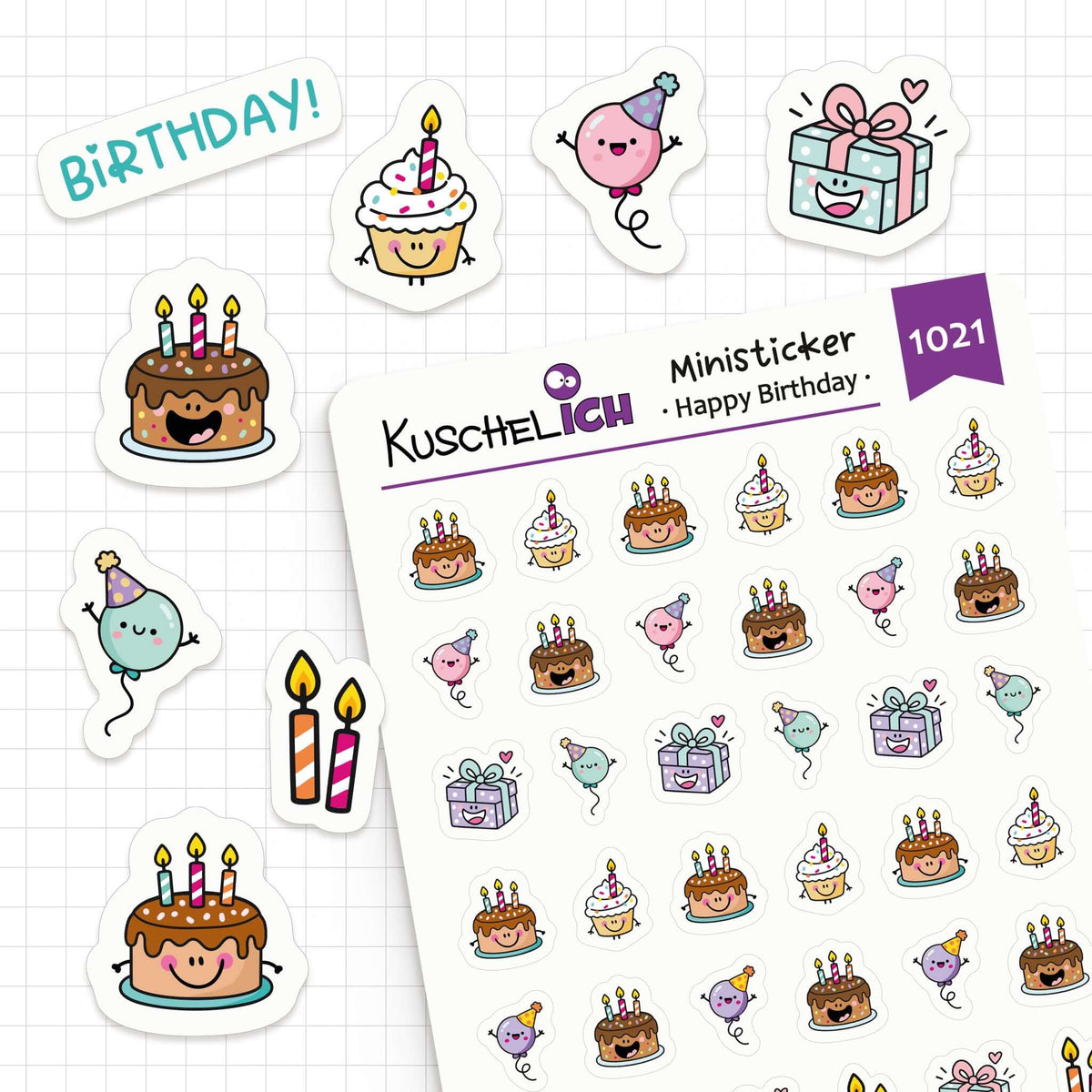 Einzelne Geburtstags-Sticker wie Cupcake, Luftballon, Geschenk und Torte neben dem Stickerbogen