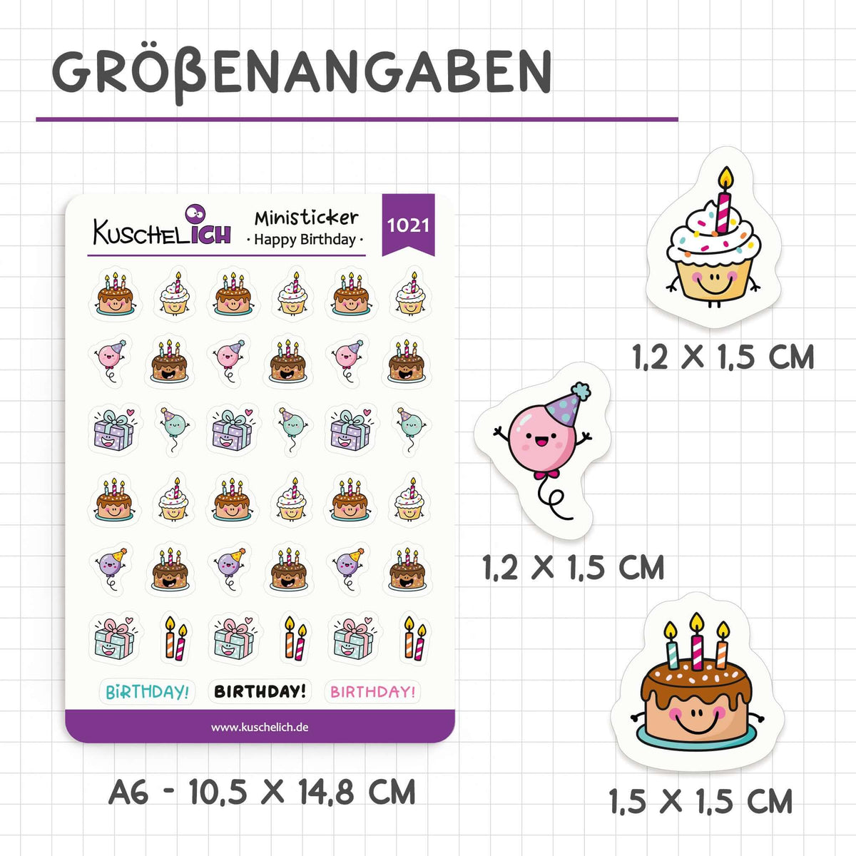 Größenangaben: Stickerbogen A6, Mini-Sticker 1,2 × 1,5 cm bis 1,5 × 1,5 cm