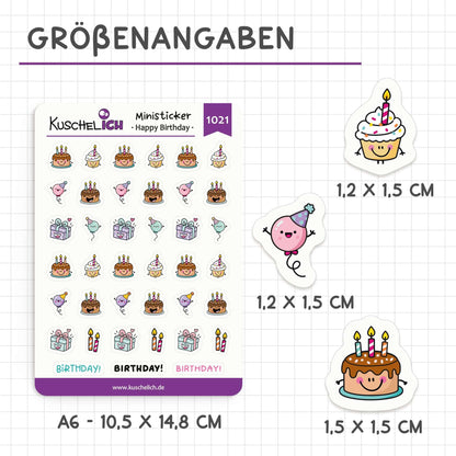 Größenangaben: Stickerbogen A6, Mini-Sticker 1,2 × 1,5 cm bis 1,5 × 1,5 cm