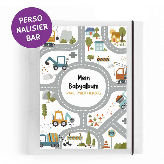 Personalisierter DIN A5 Ordner mit Baustellenmotiv – Beispieltext "Mein Babyalbum"