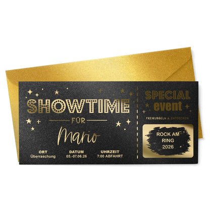 Personalisierter Gutschein Showtime Schwarz Schimmer mit Goldfolierung und goldenem Umschlag – Freisteller