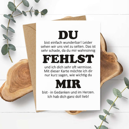 Postkarte Du fehlst mir – Seitenansicht DIN A6 mit Umschlag, Made in Germany