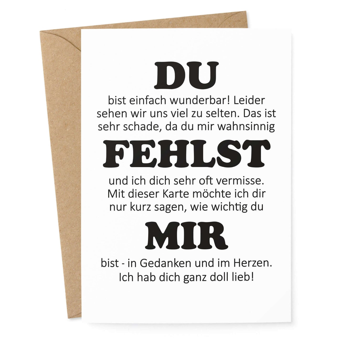 Postkarte Du fehlst mir – Grußkarte Freundschaft, DIN A6 inkl. Umschlag, Freisteller weißer Hintergrund