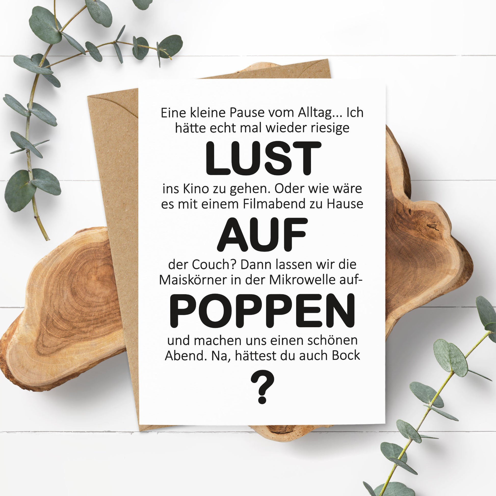 Lustige Postkarte Filmabend – Popcorn-Spruch mit Umschlag – KuschelICH