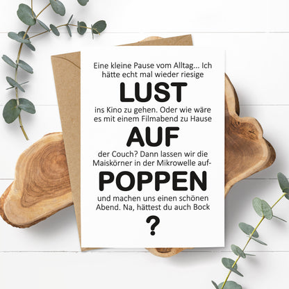 Lustige Postkarte Filmabend – Popcorn-Spruch mit Umschlag – KuschelICH