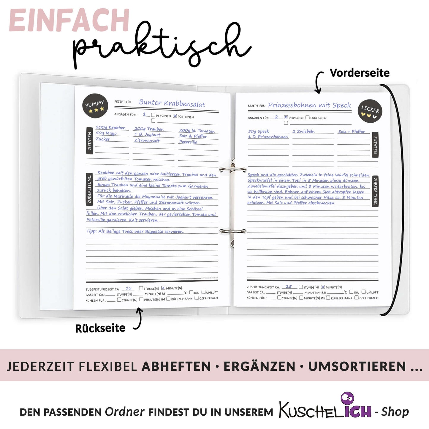 Rezeptblock A4 in Ordner eingeheftet mit Beispielrezept