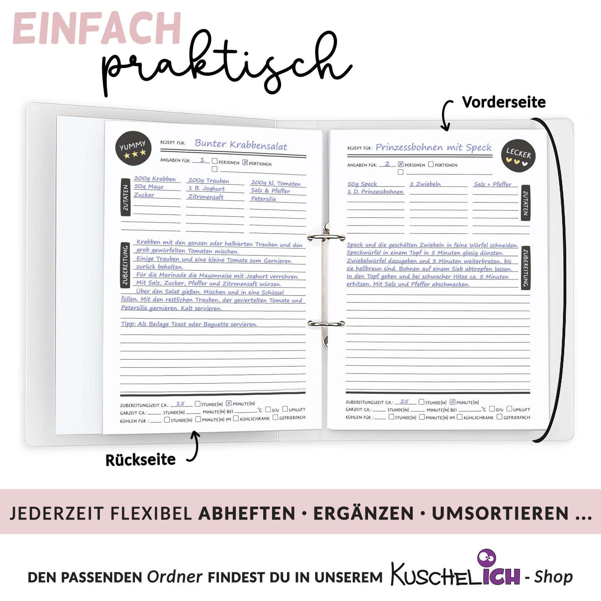 Rezeptblock A4 in Ordner eingeheftet mit Beispielrezept