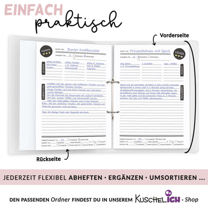 Rezeptblock A4 in Ordner eingeheftet mit Beispielrezept