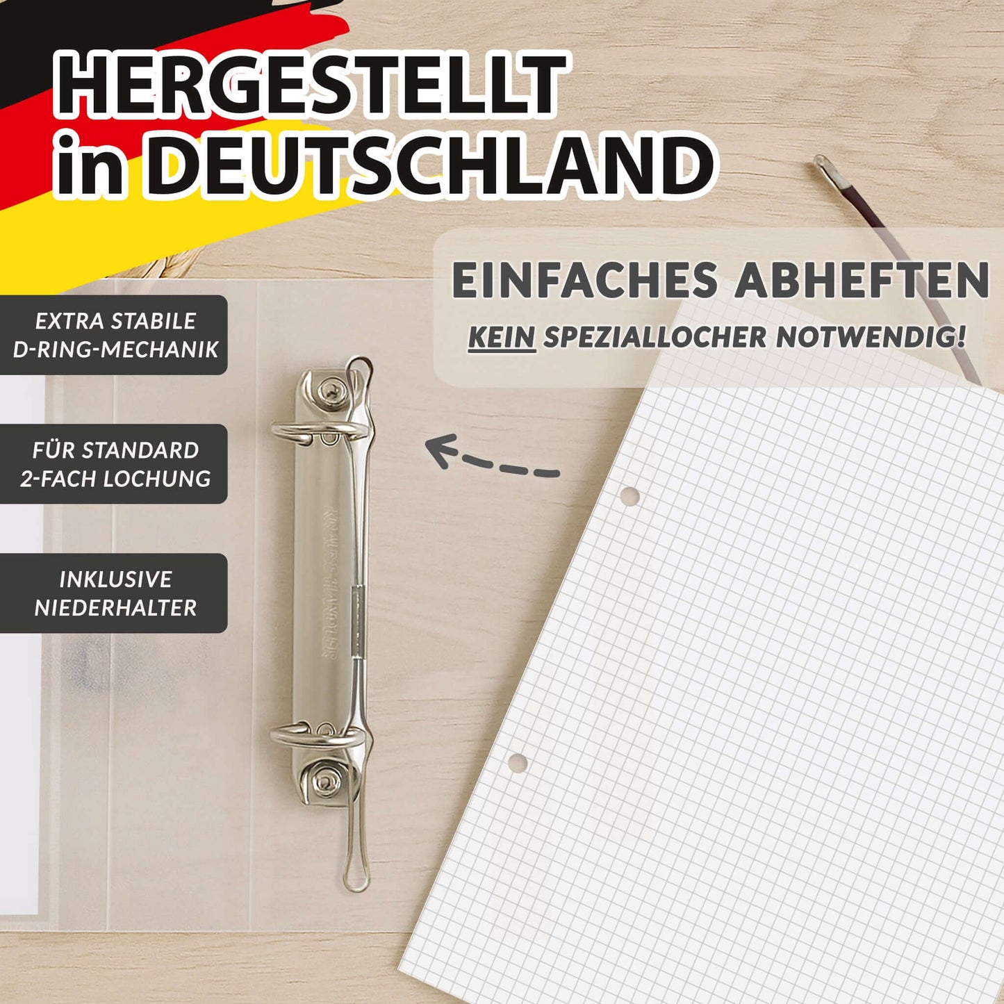 Ringordner A4 D-Ring-Mechanik Made in Germany, 2er-Lochung, Niederhalter