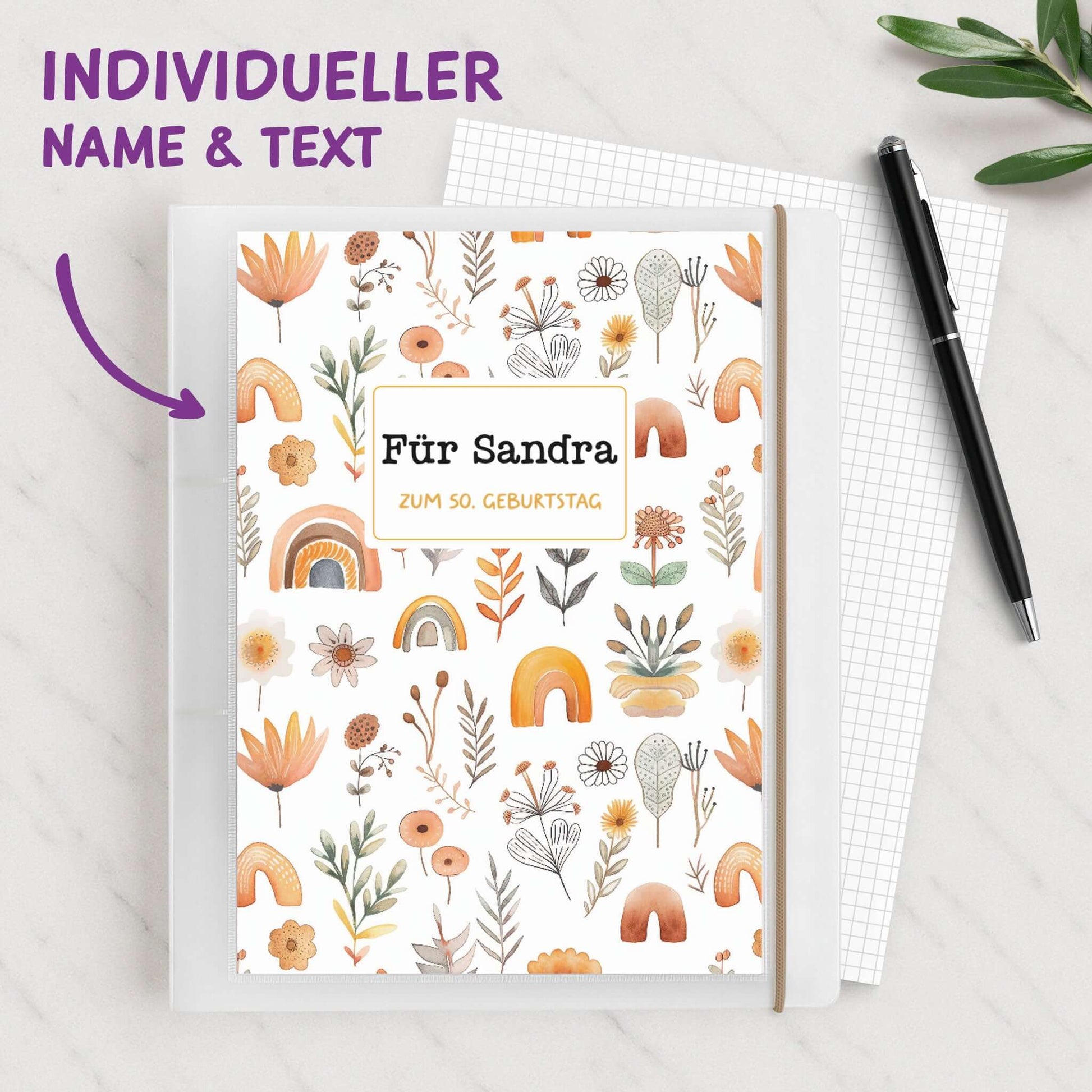 Personalisierter Ordner A4 mit Namen als Geburtstagsgeschenk, Wildblumen-Design
