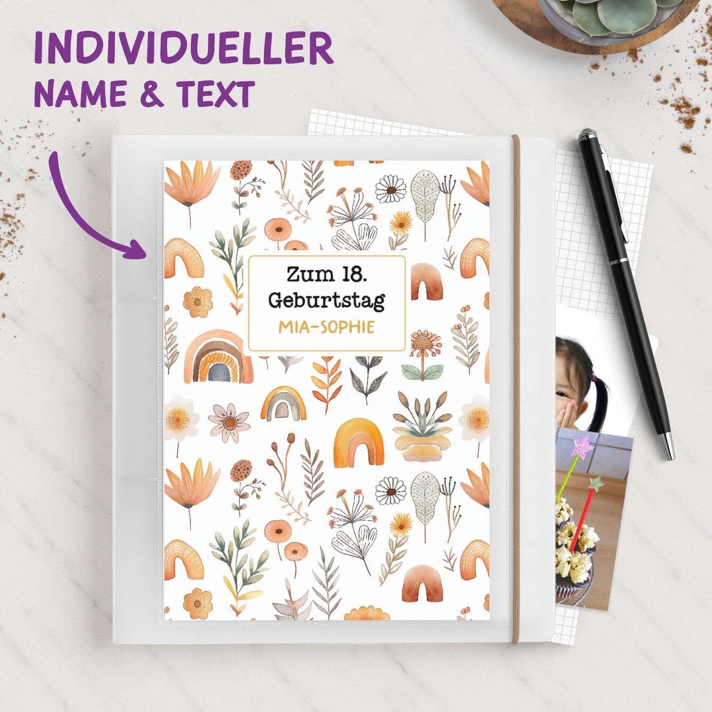 Personalisierter Ordner A5 mit Namen als Geburtstagsgeschenk, Wildblumen-Design