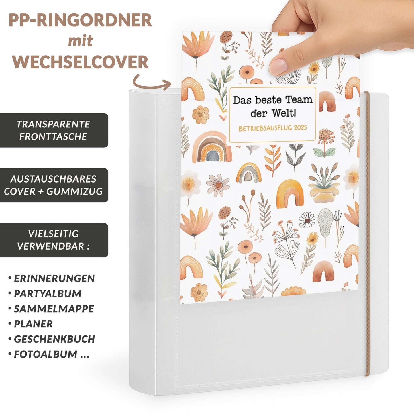 PP-Ringordner A5 mit Wechselcover und Gummizug, personalisiertes Deckblatt einschieben
