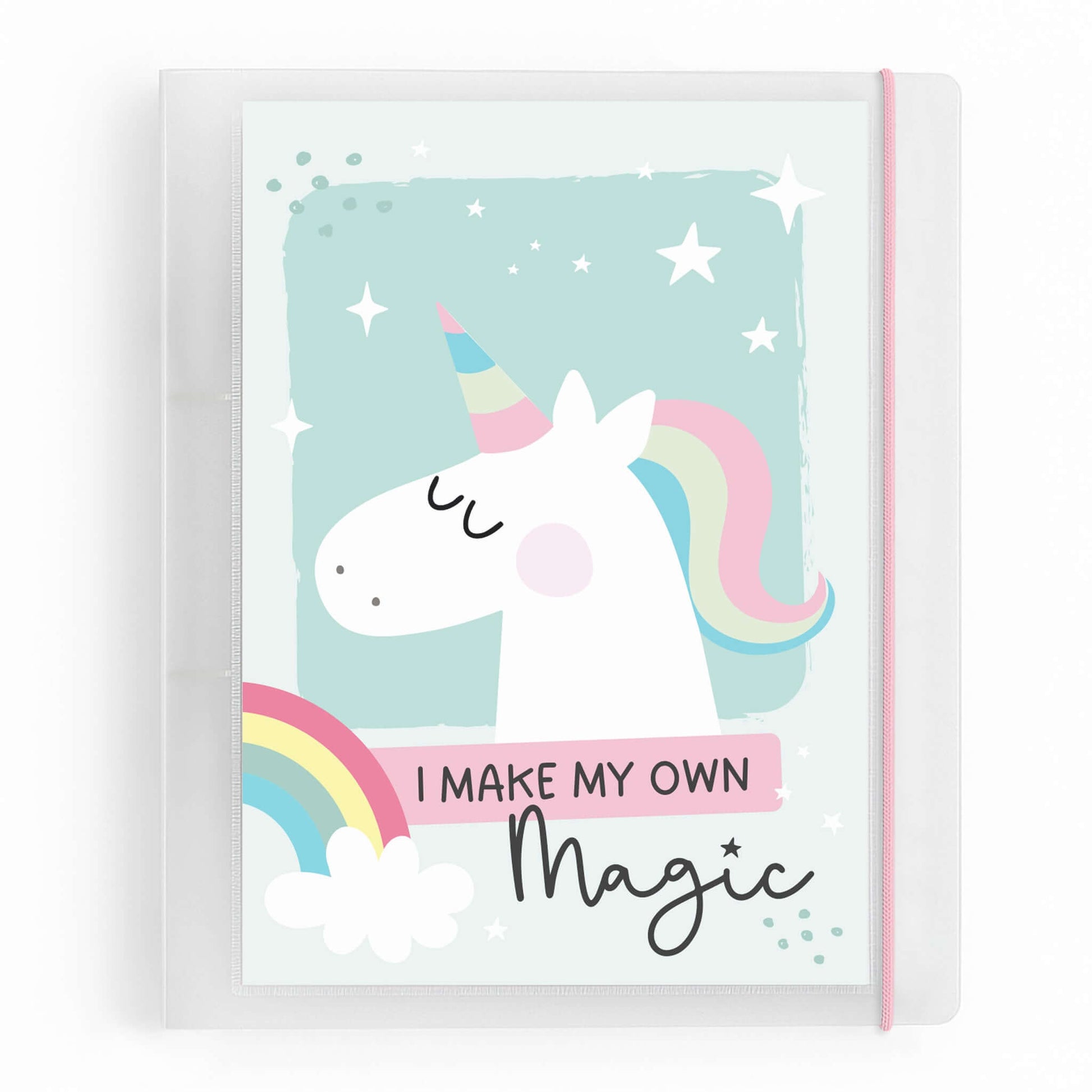 Vorderansicht des Einhorn-Ringordners mit pastellfarbenem Design