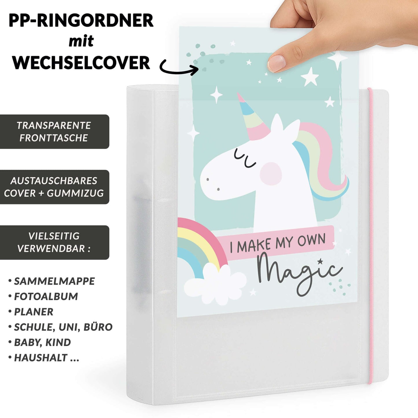 Austauschbares Einhorn-Cover wird in transparente Fronttasche gesteckt