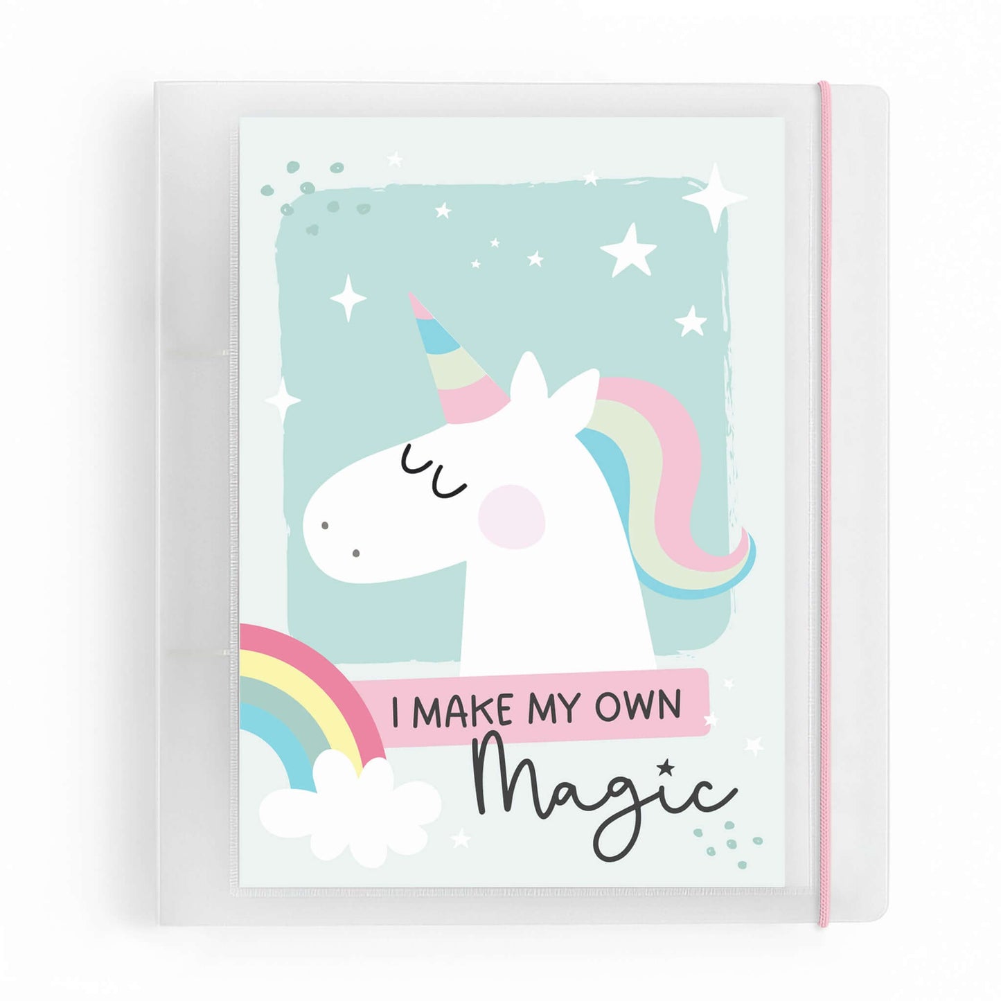 DIN A5 Ringordner Einhorn mit Regenbogen und Spruch „I Make My Own Magic“