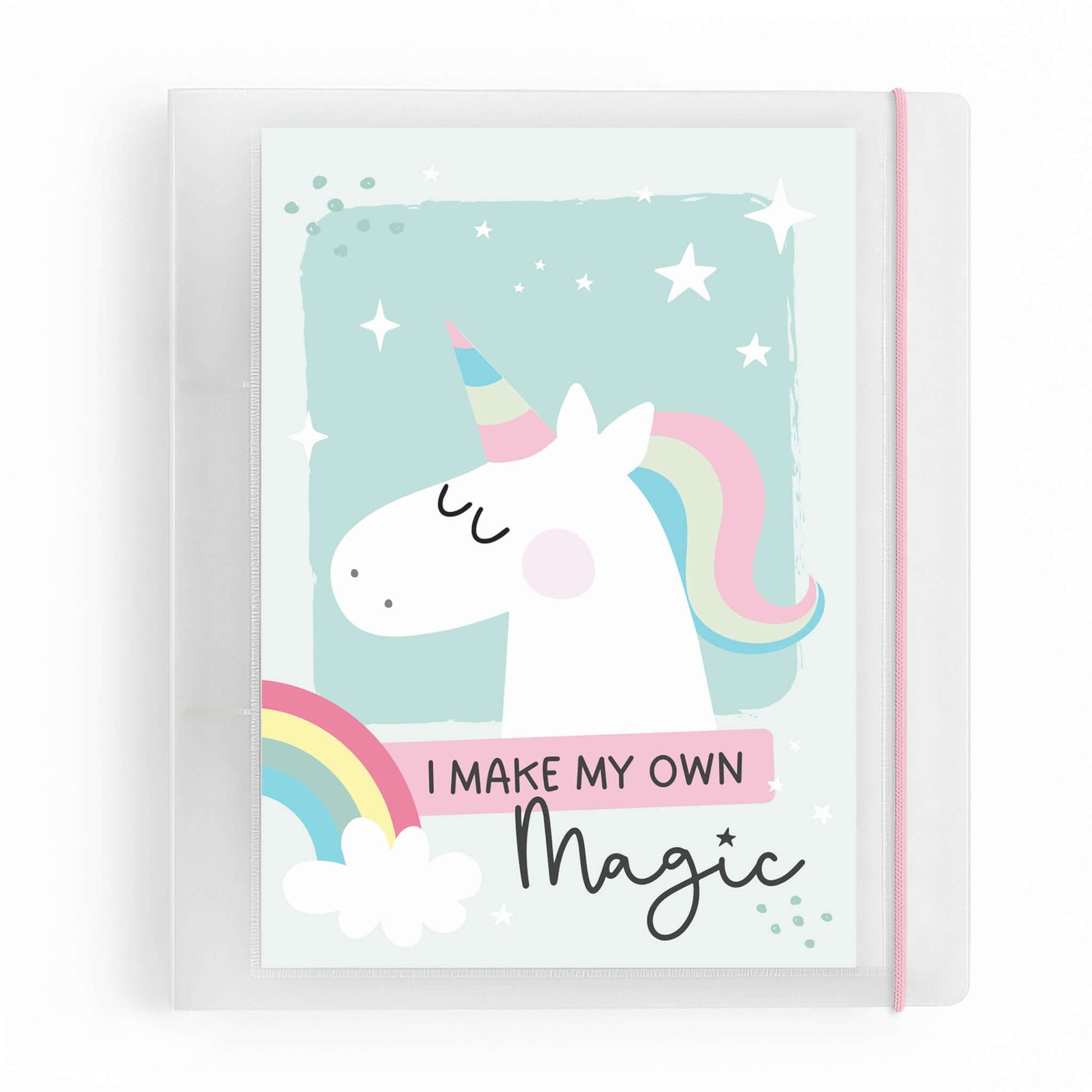 DIN A5 Ringordner Einhorn mit Regenbogen und Spruch „I Make My Own Magic“