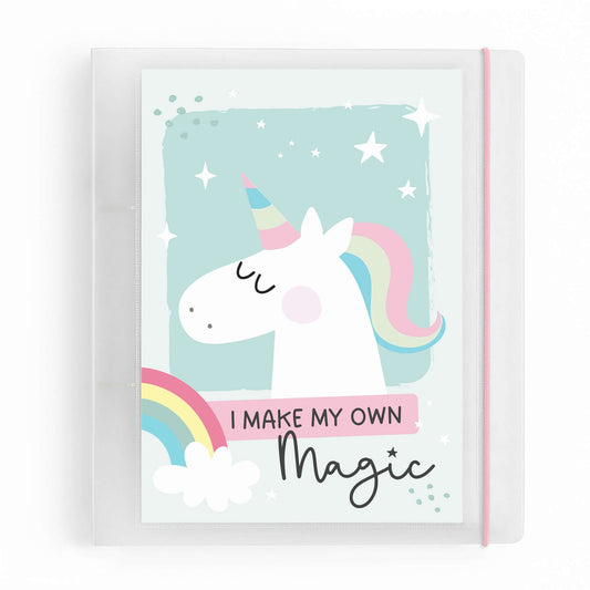 DIN A5 Ringordner Einhorn mit Regenbogen und Spruch „I Make My Own Magic“