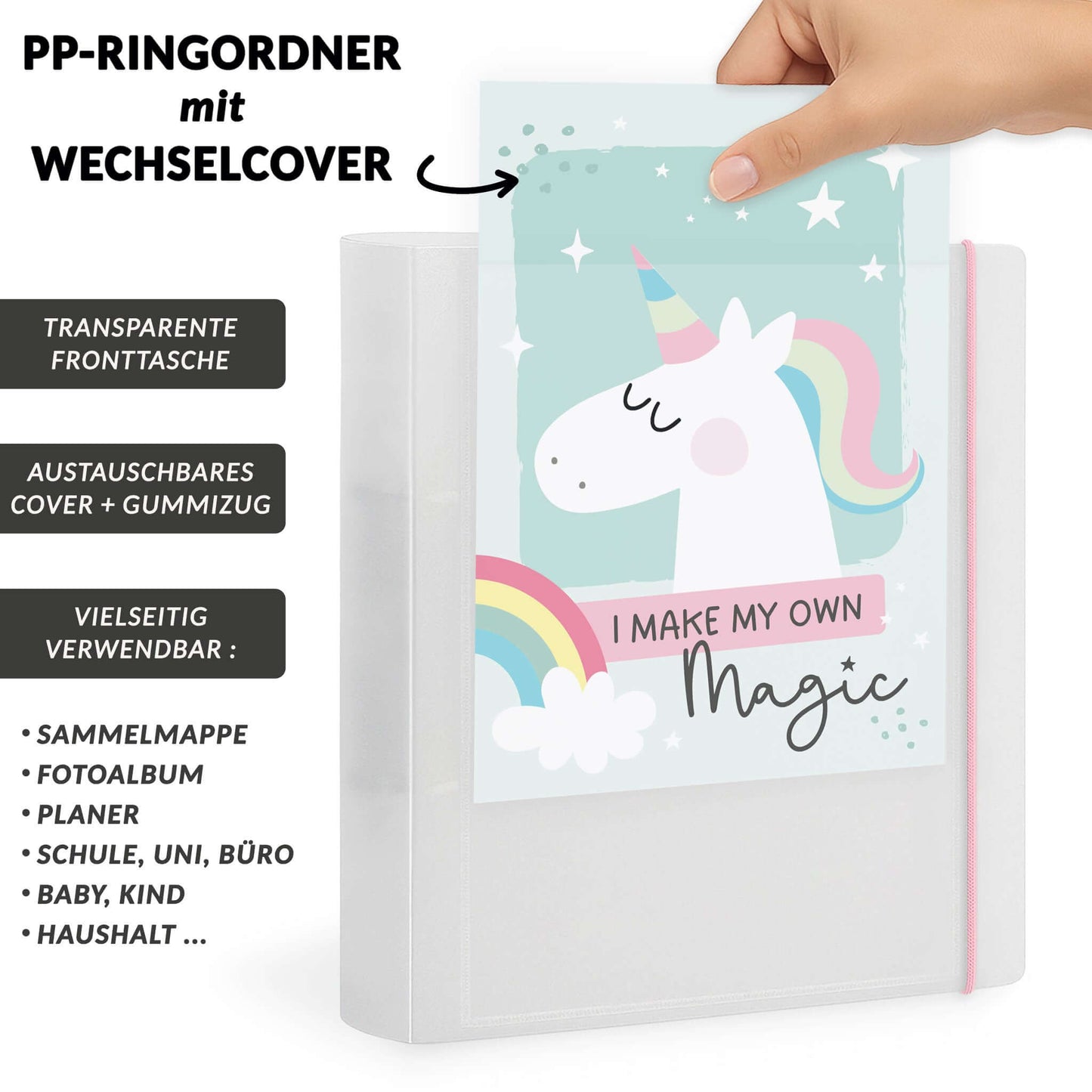 Austauschbares Einhorn-Cover wird in transparente Fronttasche gesteckt