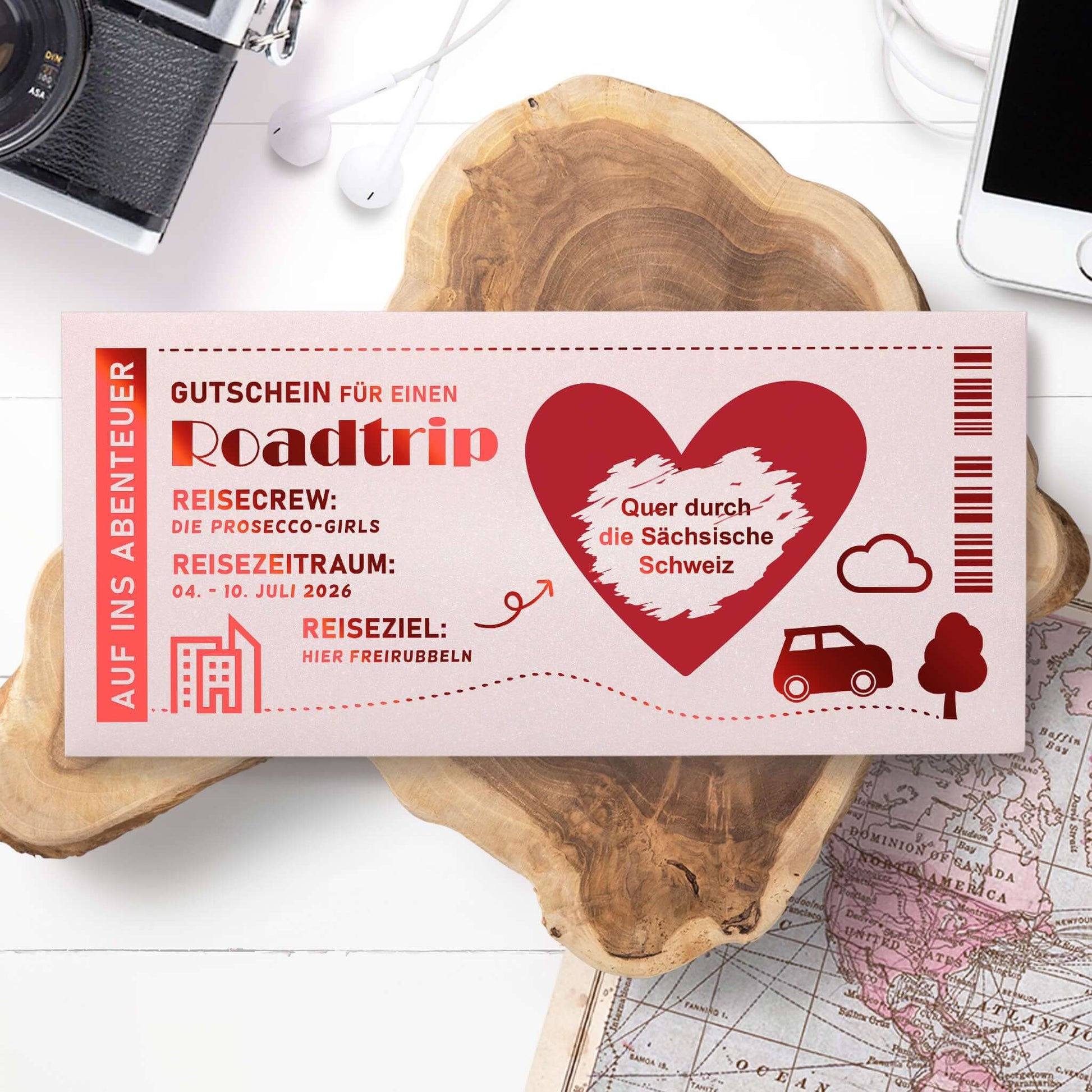 Roadtrip-Gutschein Rosa Schimmer – personalisiert für Mädels-Trip, Reiseziel Sächsische Schweiz, Lifestyle-Aufnahme