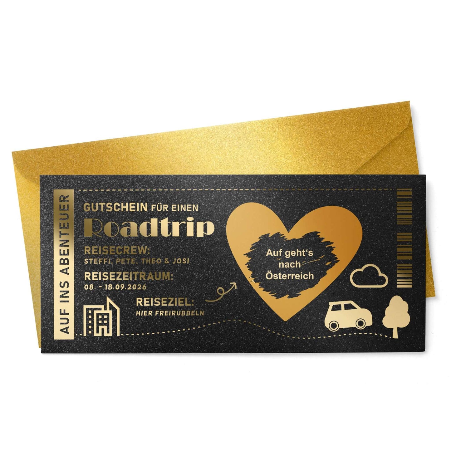 Roadtrip-Gutschein Schwarz-Gold mit Goldfolienprägung – personalisiert mit Reiseziel Österreich, inkl. Umschlag
