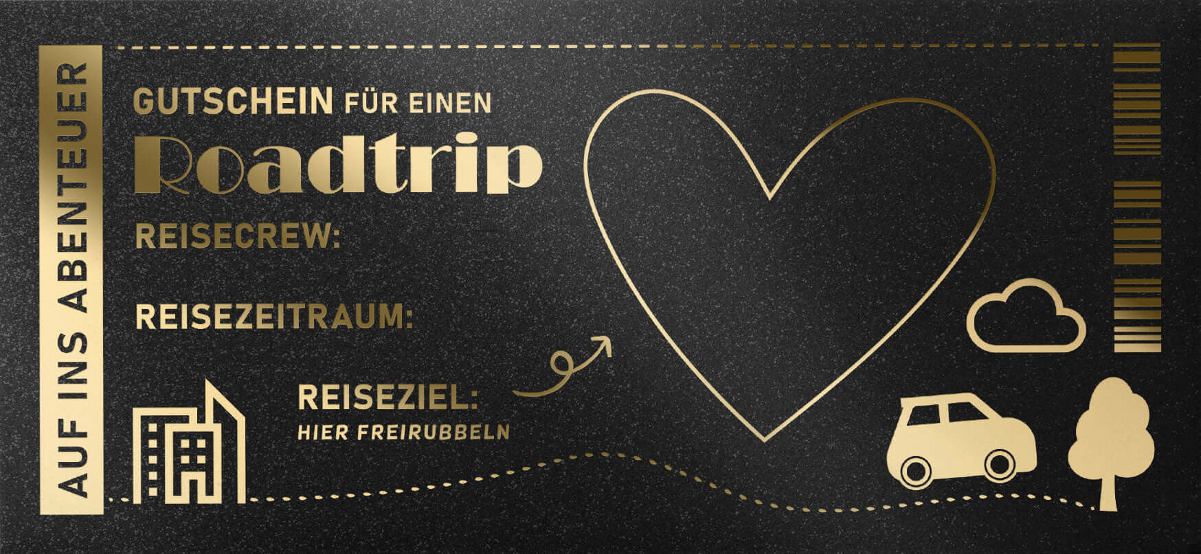 Roadtrip-Gutschein Schwarz-Gold – Detailansicht mit Rubbelherz und Feldern für Reisecrew, Zeitraum & Ziel