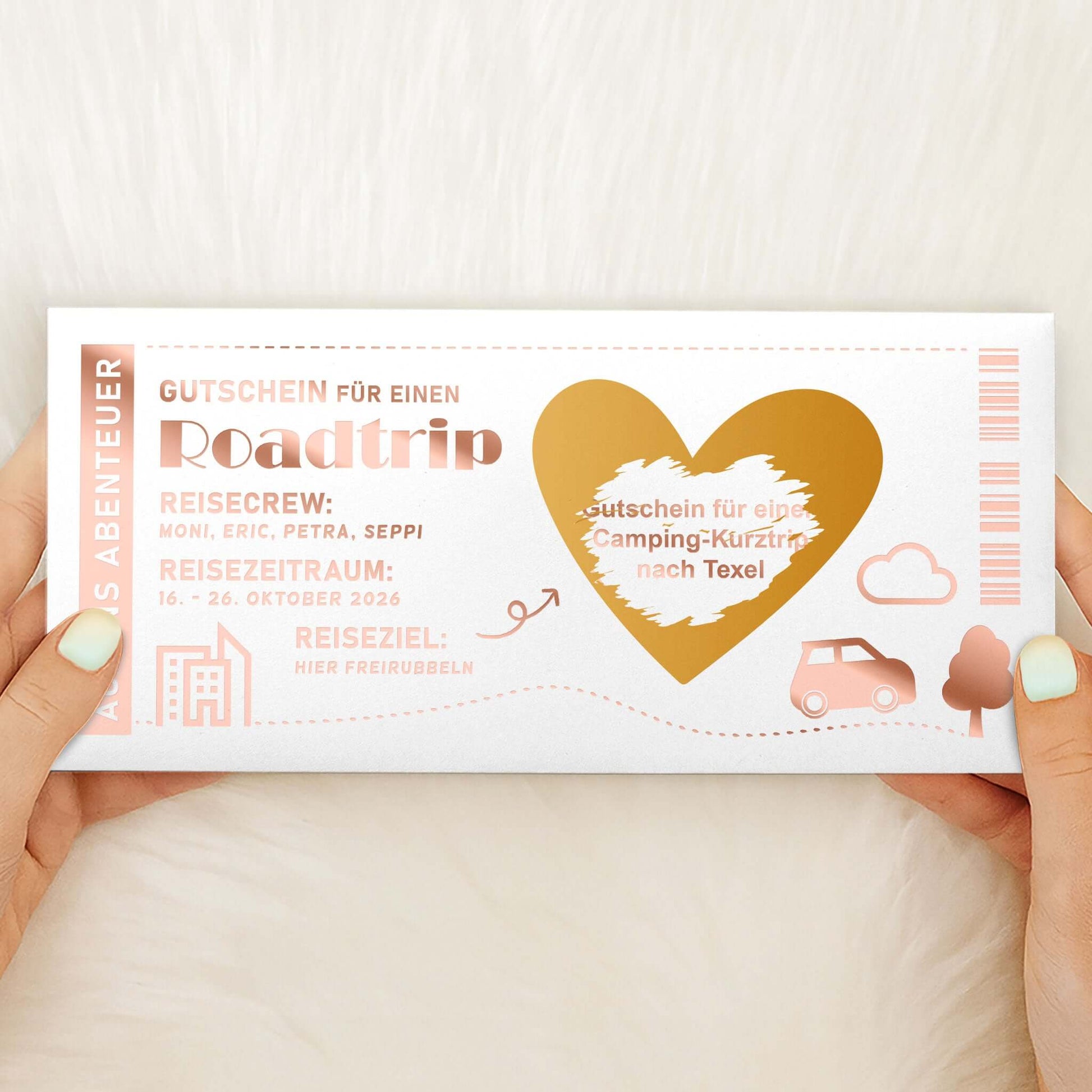 Roadtrip-Gutschein Weiß-Roségold – handgehalten, personalisierter Camping-Gutschein Reiseziel Texel