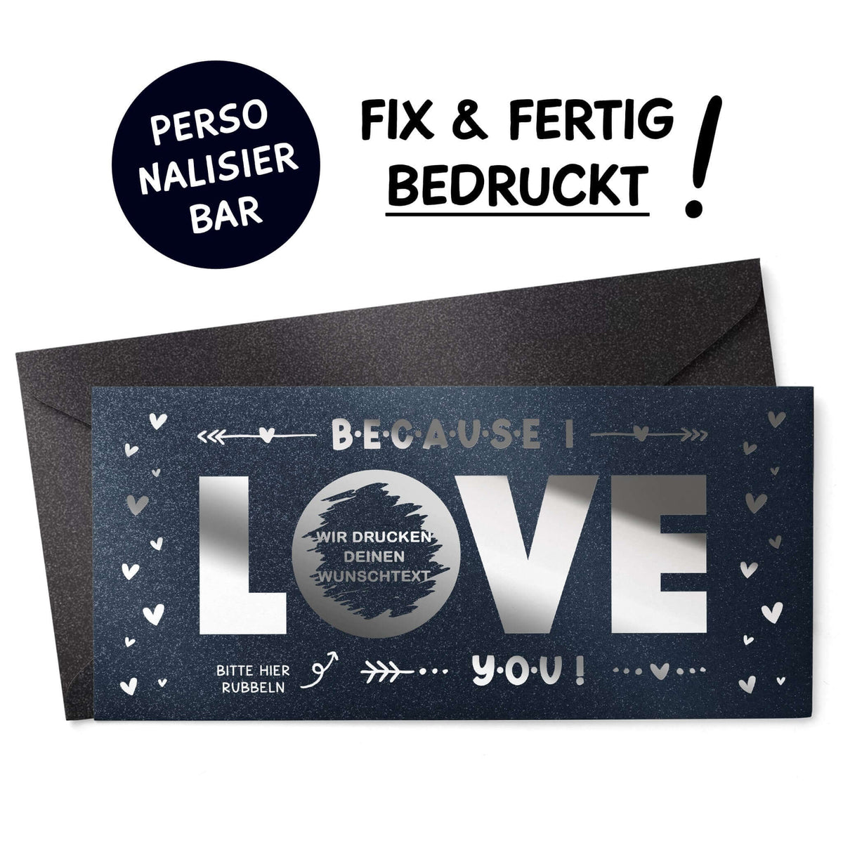 Rubbelkarte Because I Love You in Dunkelblau Schimmer mit Silberfolie und Wunschtext im Rubbelfeld – KuschelICH