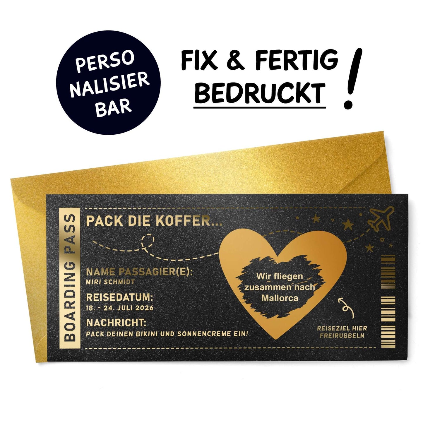 Rubbel Gutschein Boarding Pass Schwarz Schimmer Goldfolie – personalisierter Reisegutschein, Hero-Ansicht