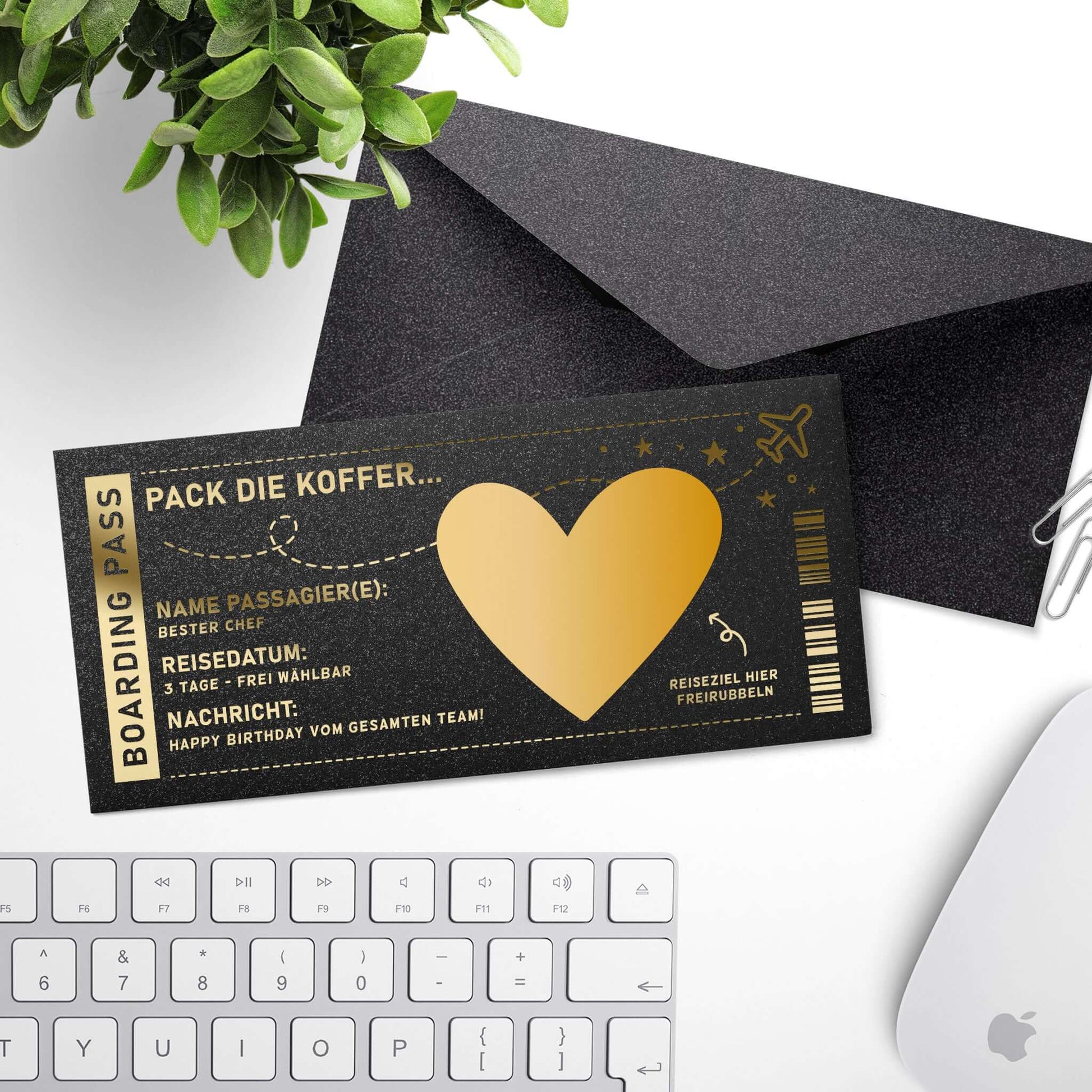 Rubbelkarte Boarding Pass Schwarz Gold mit Umschlag – Gutschein Schreibtisch Büro Lifestyle