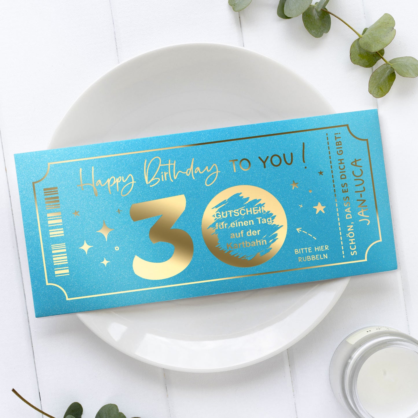 Rubbelkarte Geburtstag Goldfolienprägung in Aqua – Lifestyle, personalisierbar, Made in Germany