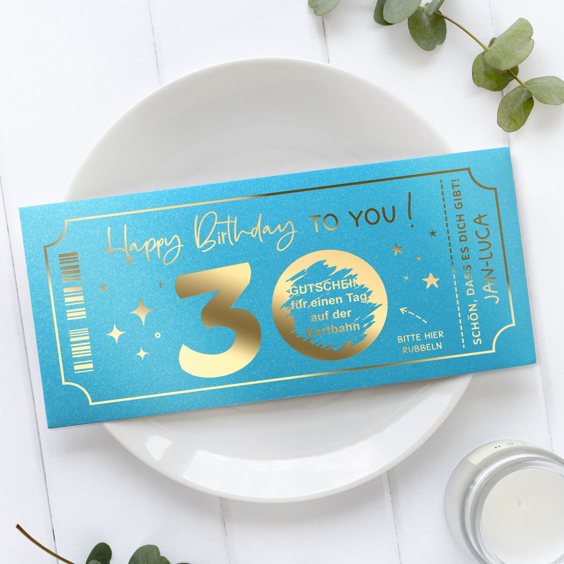 Rubbelkarte Geburtstag Goldfolienprägung in Aqua – Lifestyle, personalisierbar, Made in Germany