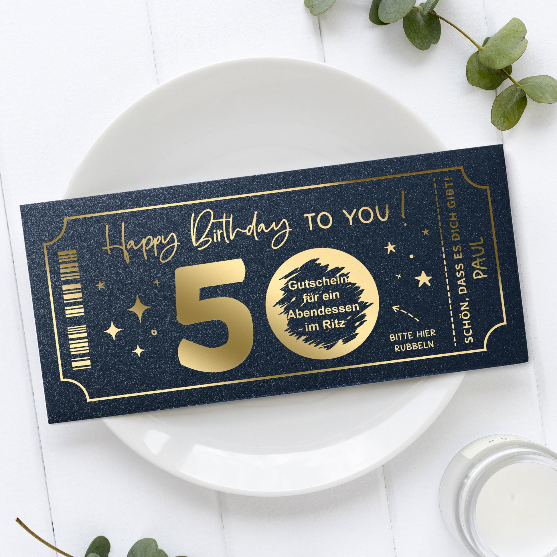Personalisierte Rubbelkarte Geburtstag Goldfolie dunkelblau – Lifestyle, runder Geburtstag, DIN lang