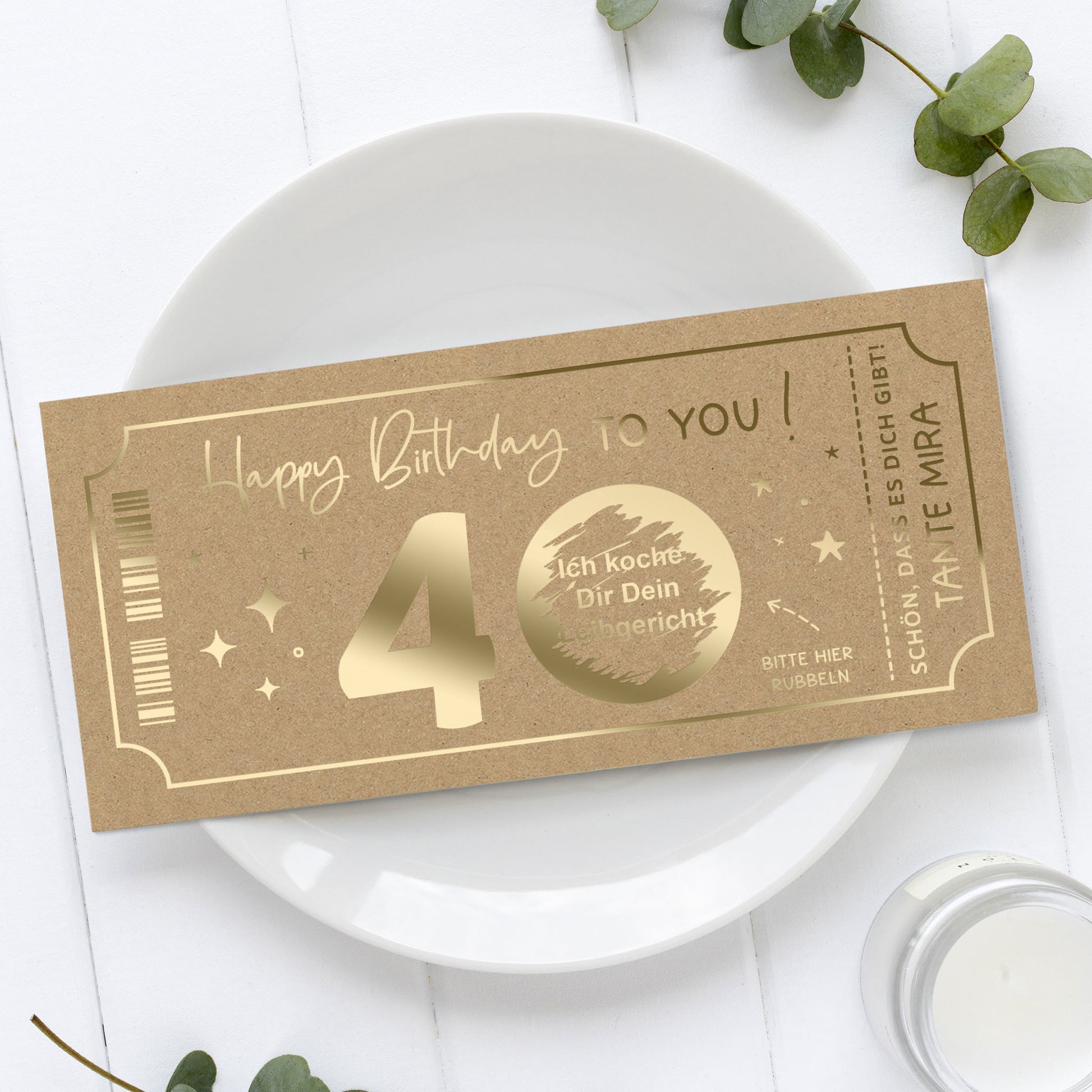 Rubbelkarte Geburtstag Goldfolie auf Kraftpapier – natürlich, personalisierbar, Made in Germany