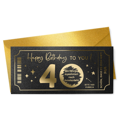 Rubbelkarte zum Geburtstag mit Goldfolienprägung, schwarz-gold mit goldenem Umschlag – personalisierbar, DIN lang
