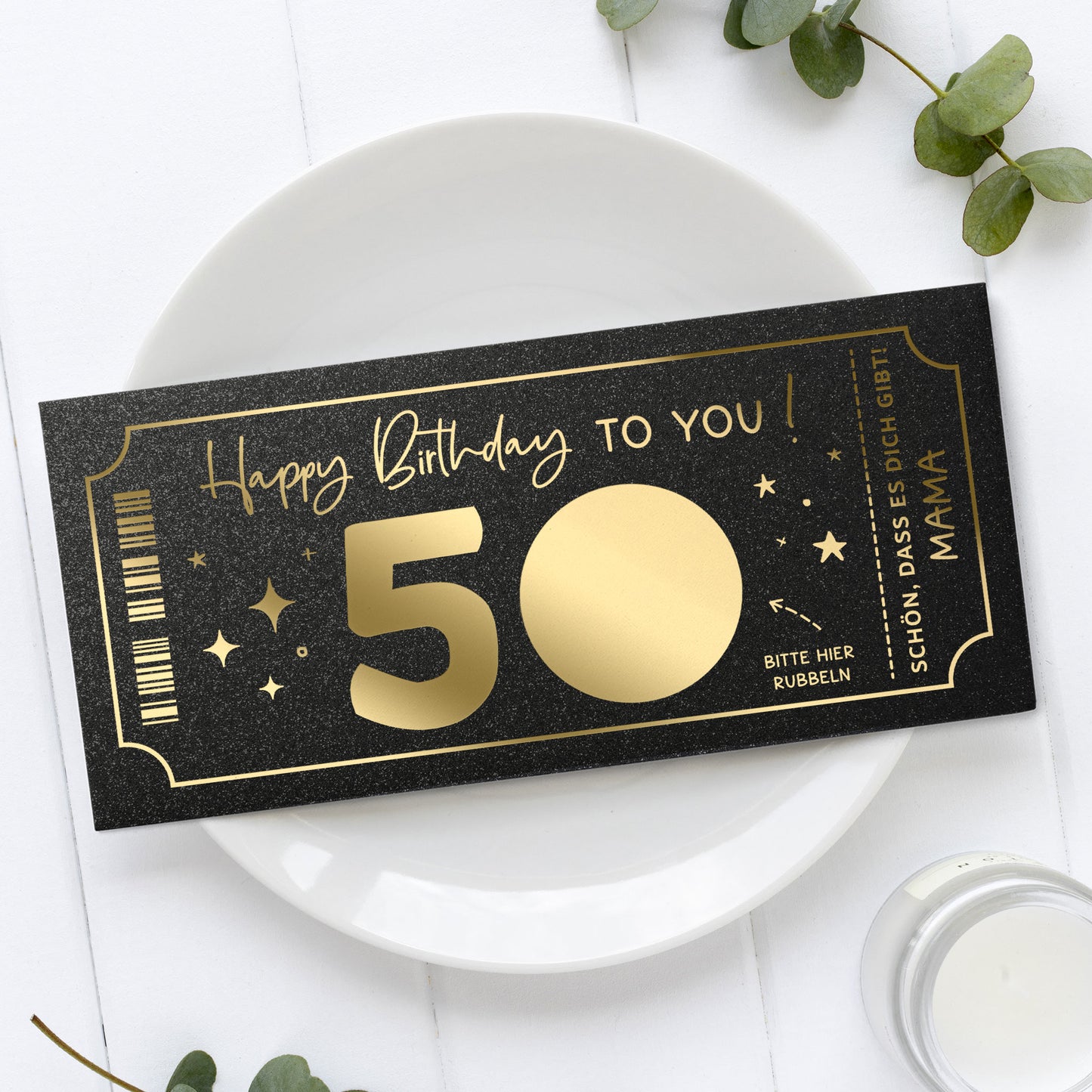 Rubbelkarte Geburtstag Goldfolie schwarz – Lifestyle, Ticket-Design, runder Geburtstag