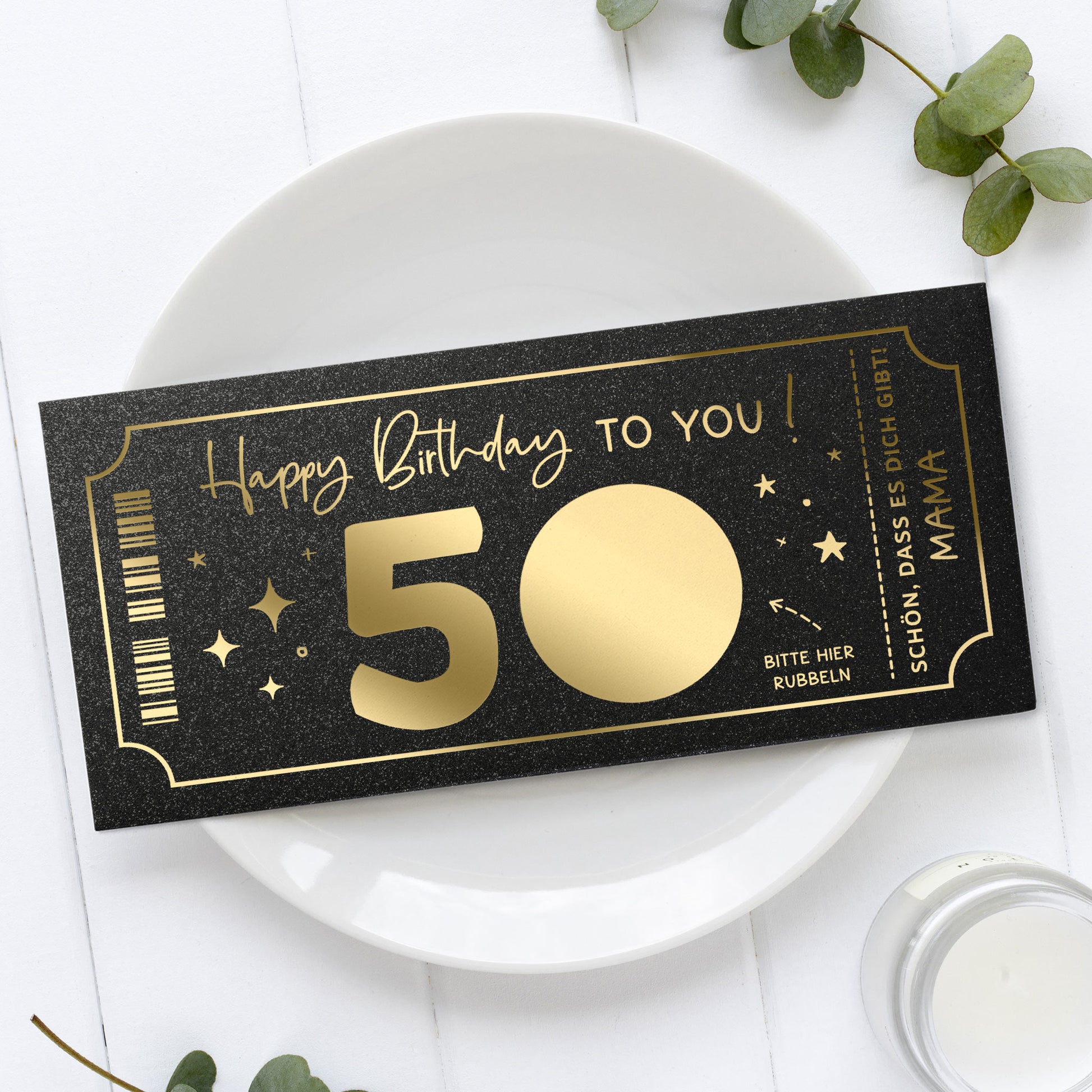 Rubbelkarte Geburtstag Goldfolie schwarz – Lifestyle, Ticket-Design, runder Geburtstag