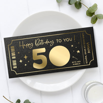Rubbelkarte Geburtstag Goldfolie schwarz – Lifestyle, Ticket-Design, runder Geburtstag