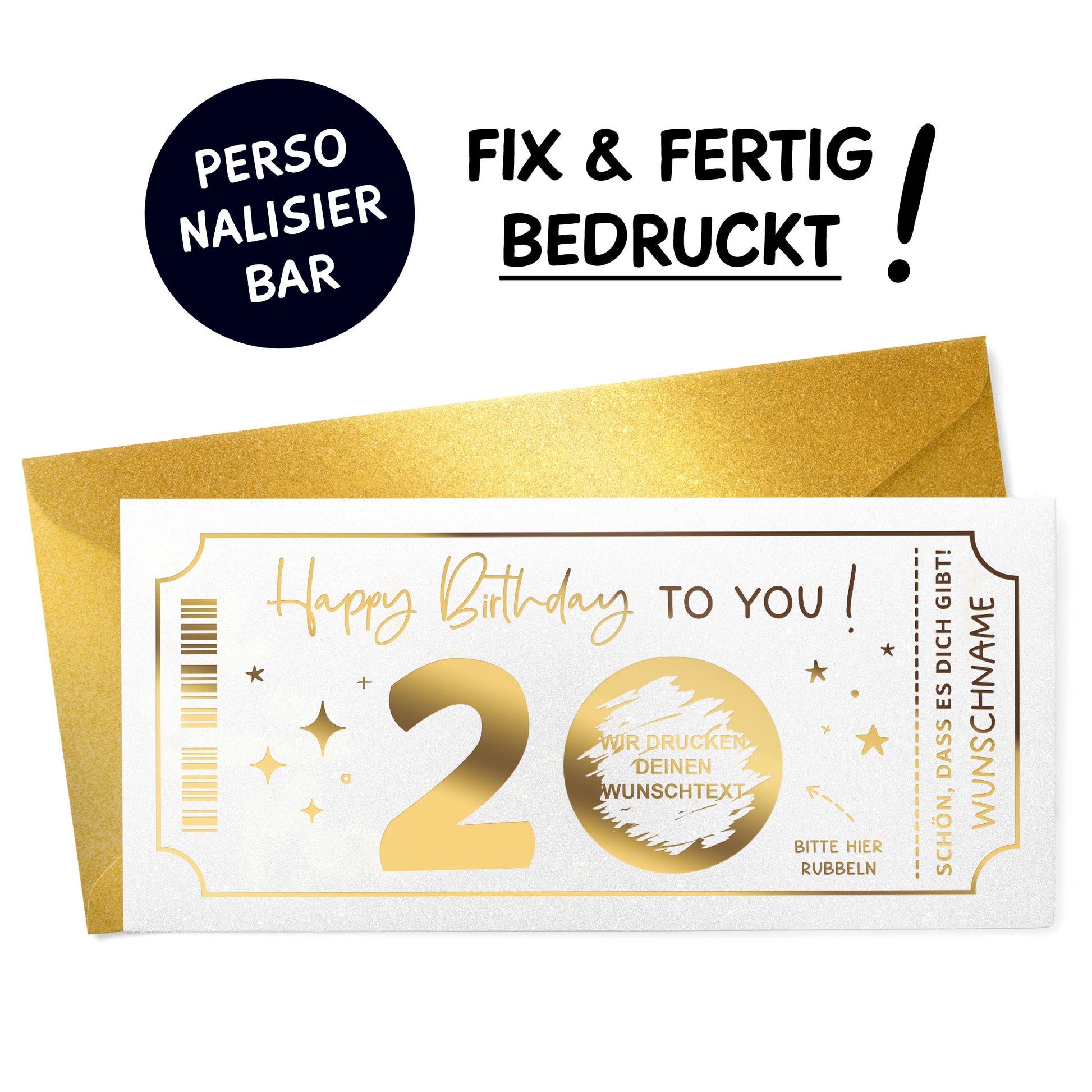 Rubbelkarte Geburtstag Goldfolienprägung weiß mit goldenem Umschlag – Freisteller, personalisierbar