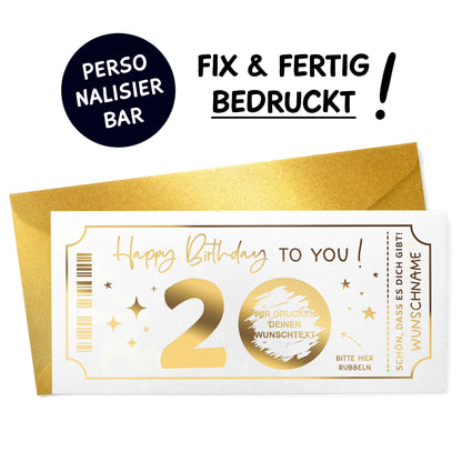 Rubbelkarte Geburtstag Goldfolienprägung weiß mit goldenem Umschlag – Freisteller, personalisierbar