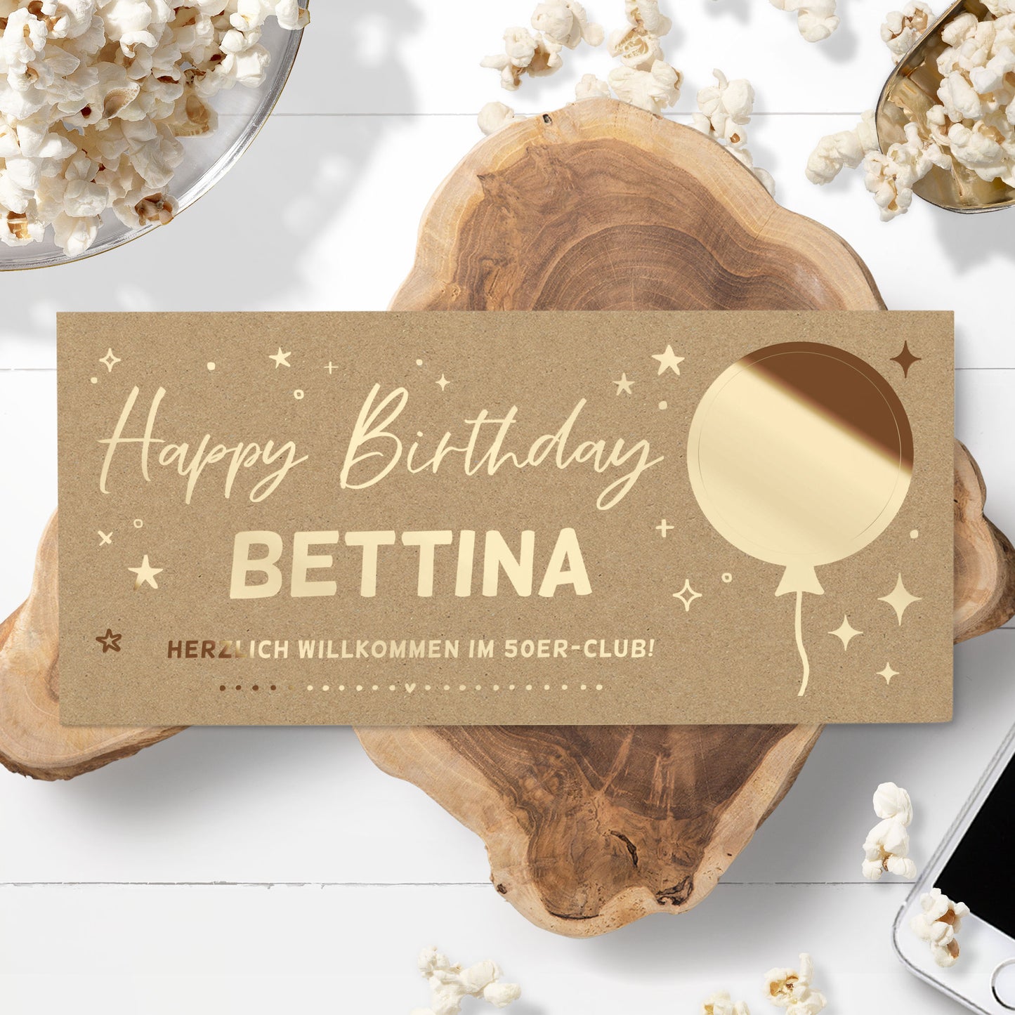 Rubbelkarte Geburtstag personalisiert Kraftpapier – natürliches Design mit Goldfolie, Lifestyle