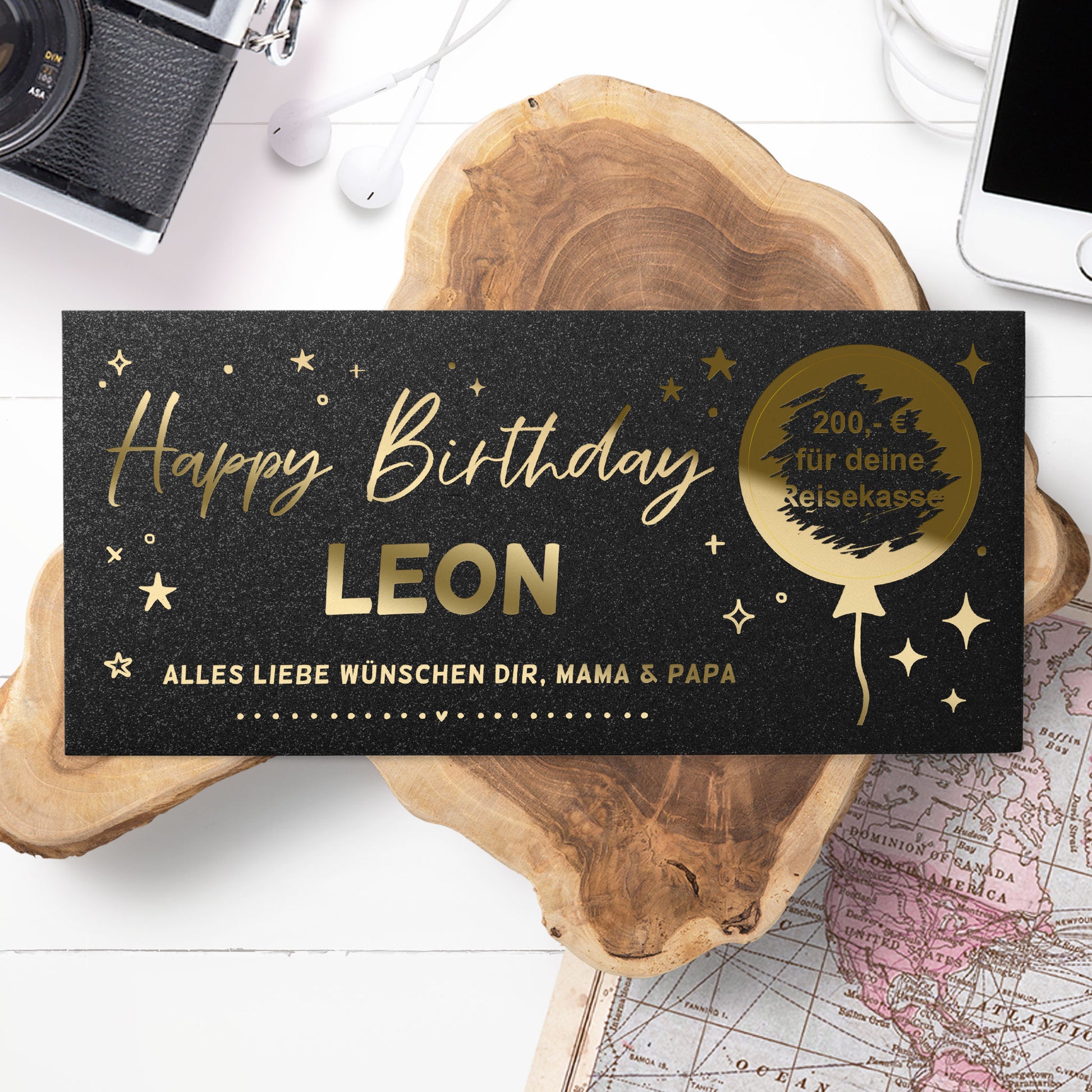 Rubbelkarte Geburtstag personalisiert schwarz – Goldfolienprägung, edles Design, Lifestyle