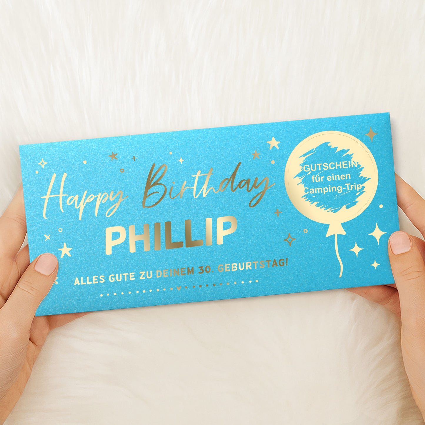 Rubbelkarte Geburtstag personalisiert türkis – Goldfolienprägung, buntes Design, Lifestyle