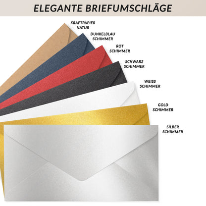 Umschlag-Auswahl für Rubbelkarte: 7 Farben – Kraftpapier, Dunkelblau, Rot, Schwarz, Weiß, Gold, Silber