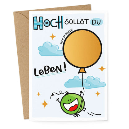 Vorderseite der Rubbelkarte „Hoch sollst du leben“ mit goldenem Ballon