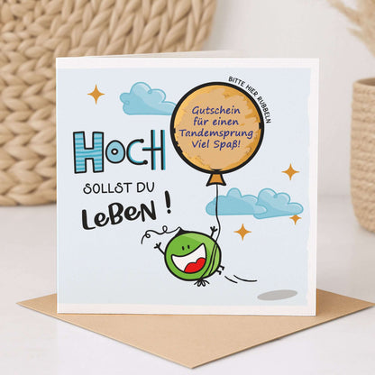 Rubbelkarte Hoch sollst du leben mit beschriftetem Ballon